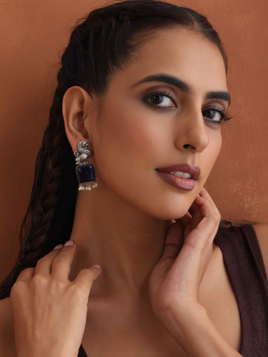 trueBrowns Silver Tone Turquise Stone Earrings - Swadesiicart