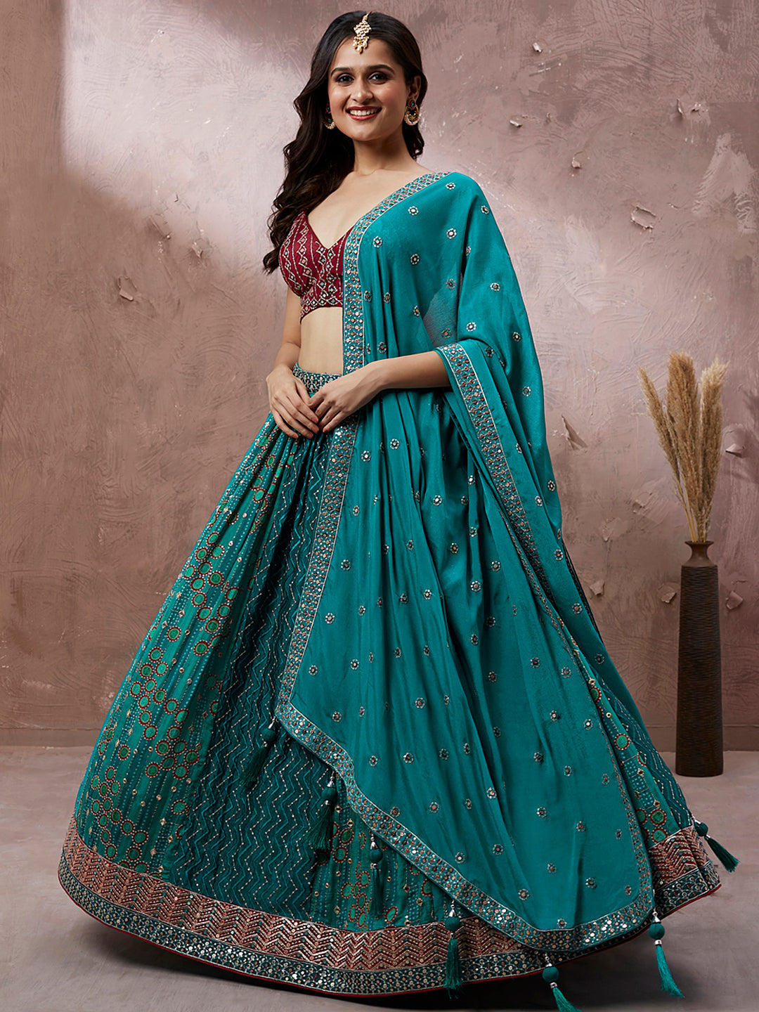 House of Panchhi Printed Embroidery Teal Georgette Sequin Lehenga Choli | Swadesiicart