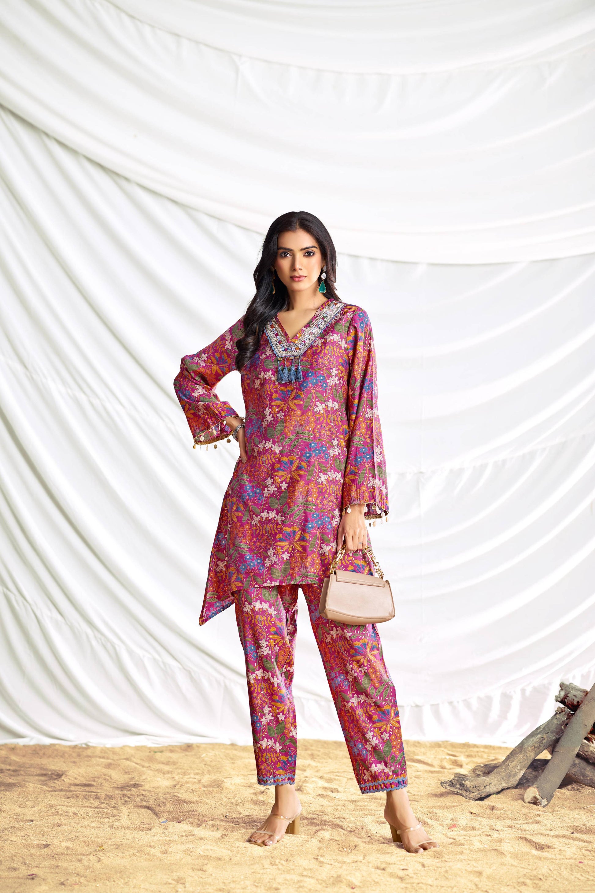 BulBul Dharvi Chanderi Fuschia Co-Ord Set - Swadesiicart