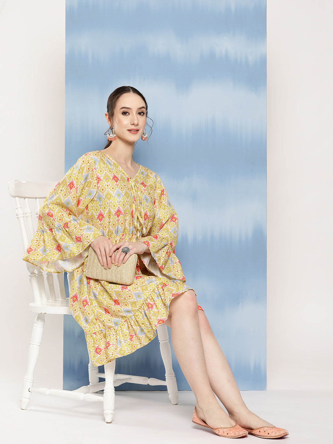 InWeave Women's Yellow Orange Ikkat Print Short Dress - Swadesiicart