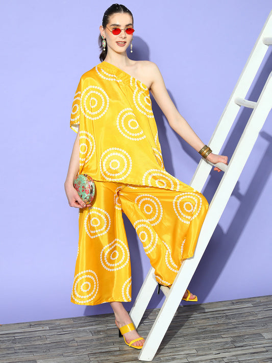 InWeave Women's Yellow Bandhani Motif One Shoulder Palazzo Set - Swadesiicart
