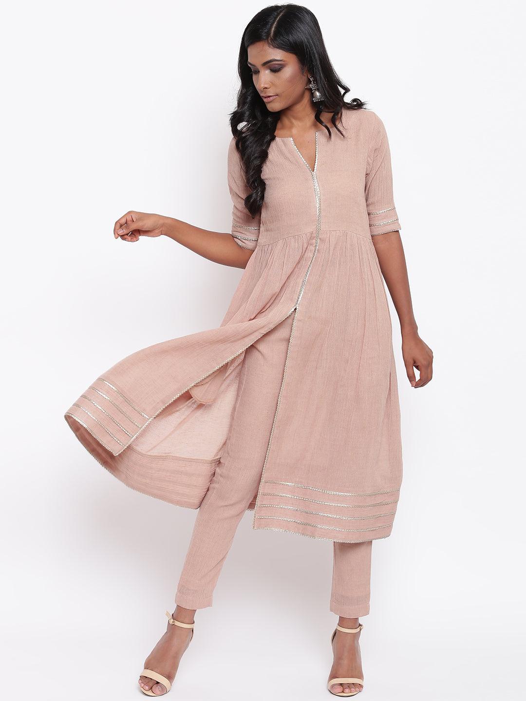trueBrowns Pure Cotton Beige Gota Slit Kurta Set | Swadesiicart