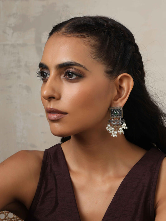 trueBrowns Silver Gold Tone Floral Silver Jaal Dangle Earrings - Swadesiicart
