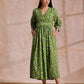 trueBrowns Lime Green Overall Blue Floral Block Print Cotton Wrap Dress | Swadesiicart