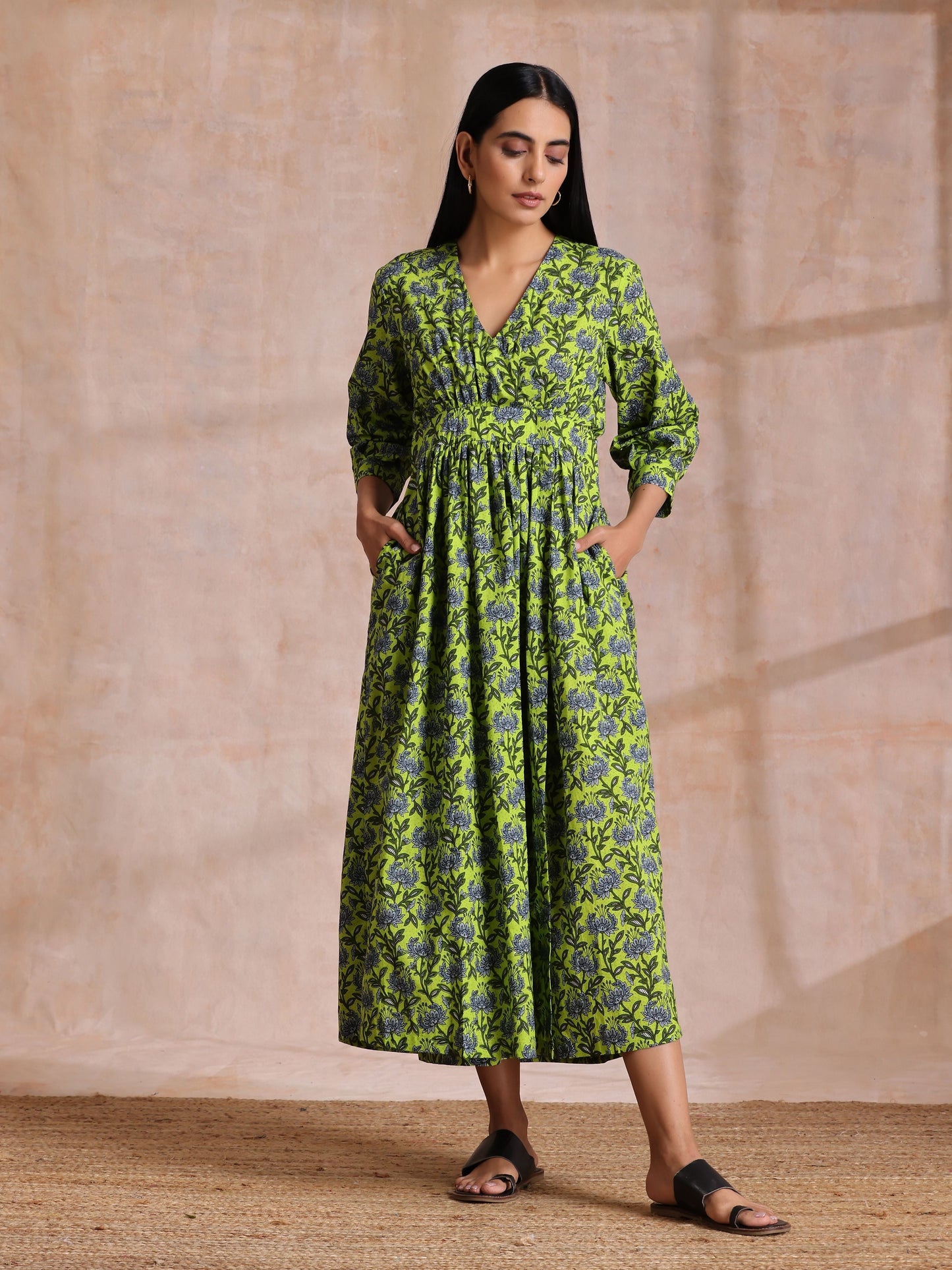 trueBrowns Lime Green Overall Blue Floral Block Print Cotton Wrap Dress | Swadesiicart