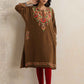 trueBrowns Brown Kashmiri Floral Embroidered Woollen Phiran Kurta | Swadesiicart