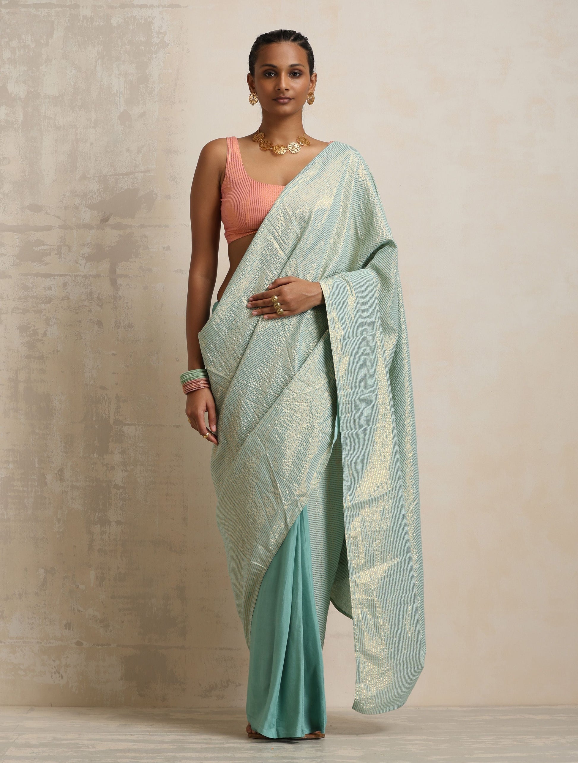 trueBrowns Blue Gold Lurex Ready To Wear Saree | Swadesiicart