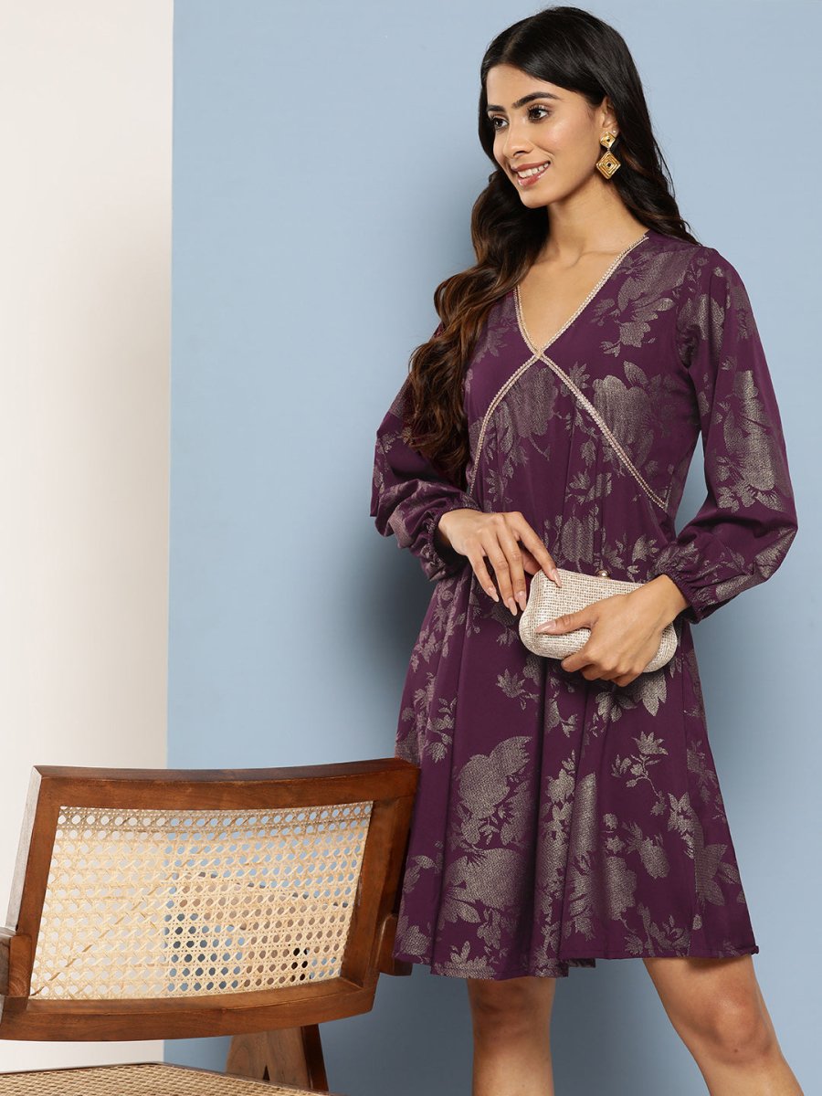 Ahalyaa Floral Print Puff Sleeves Empire Crepe Ethnic Dress | Swadesiicart