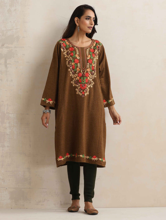 trueBrowns Brown Kashmiri Embroidered Woollen Phiran Kurta | Swadesiicart