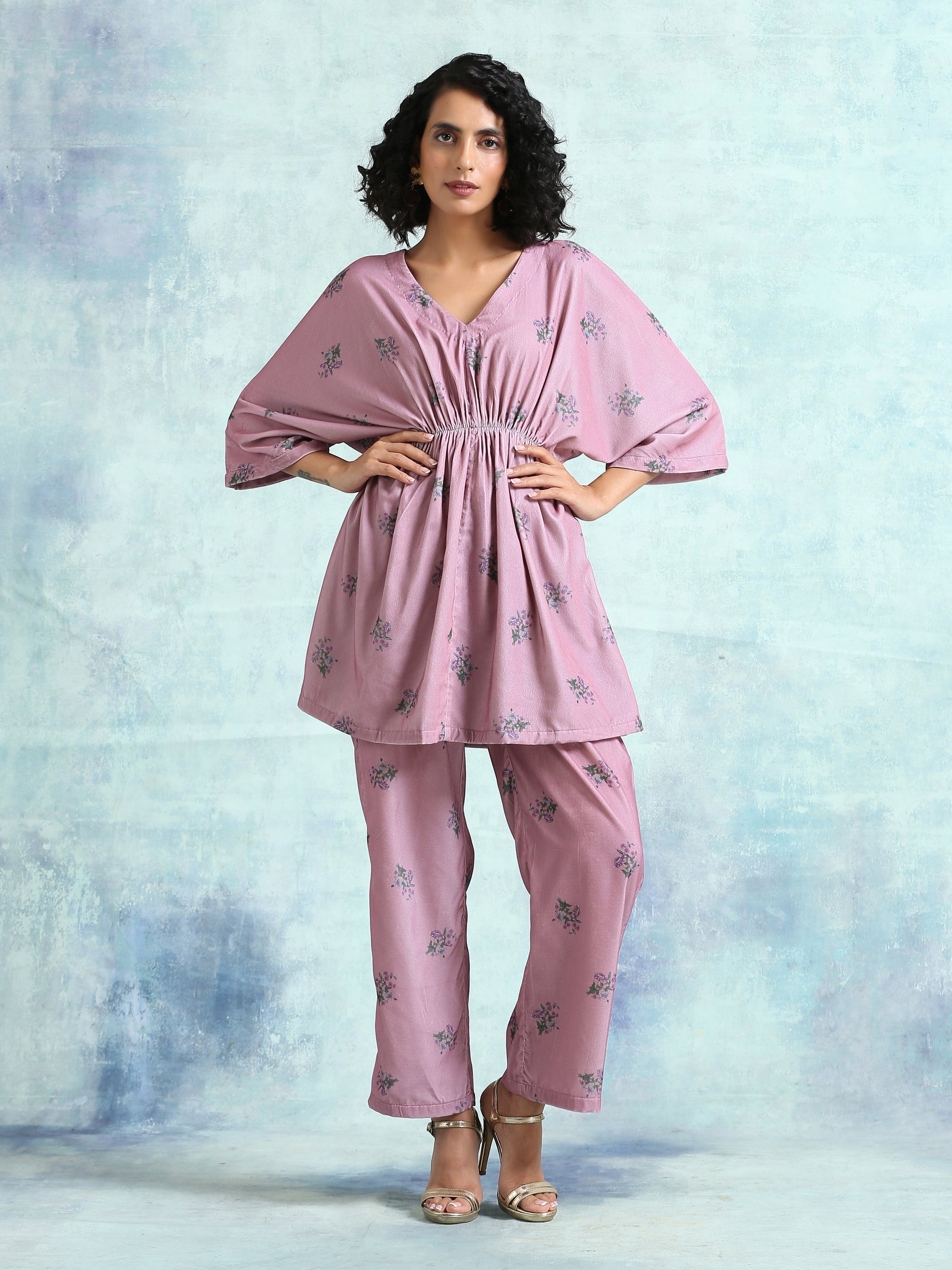 trueBrowns Light Mauve Printed Velvet Co-Ord Set - Swadesiicart
