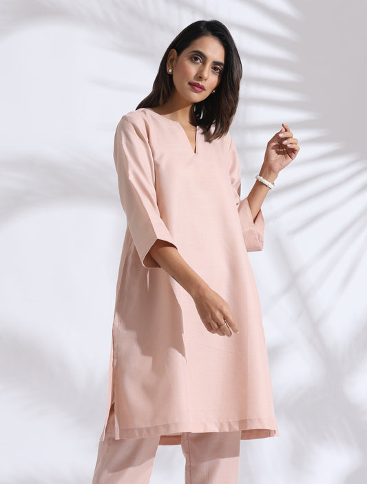 trueBrowns Light Pink Slub Kurta Co-ord Set - Swadesiicart