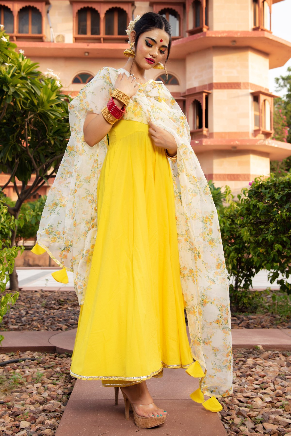 Pomcha Jaipur Yellow Berry Cotton Anarkali Set | Swadesiicart