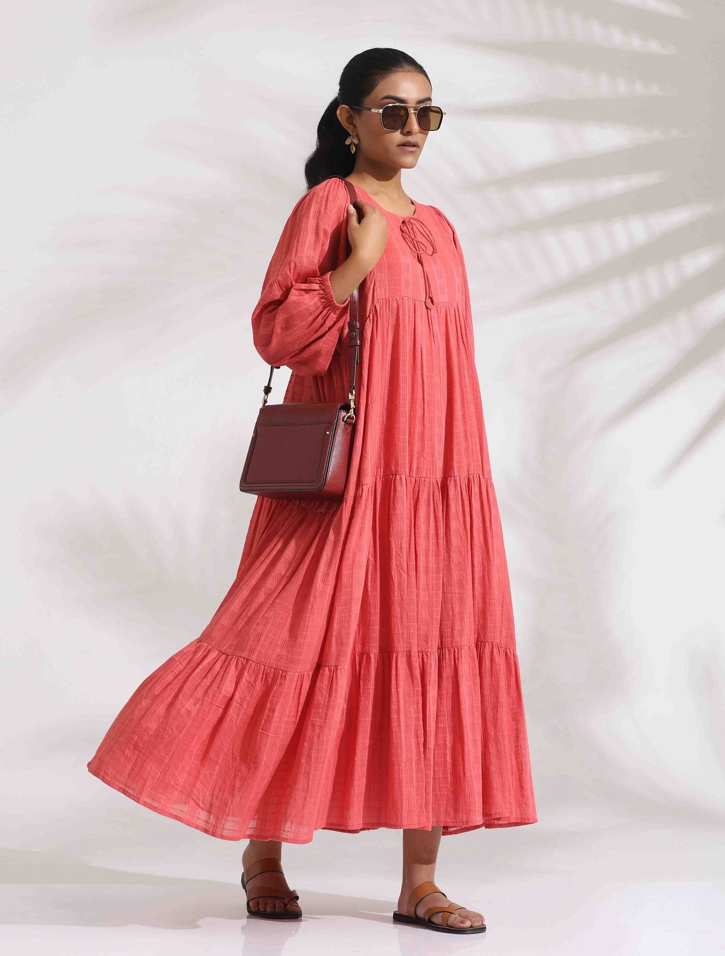 trueBrowns Pink Cotton Tier Dress | Swadesiicart