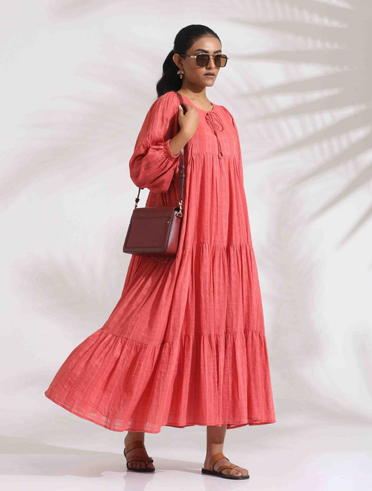 trueBrowns Pink Cotton Tier Dress | Swadesiicart