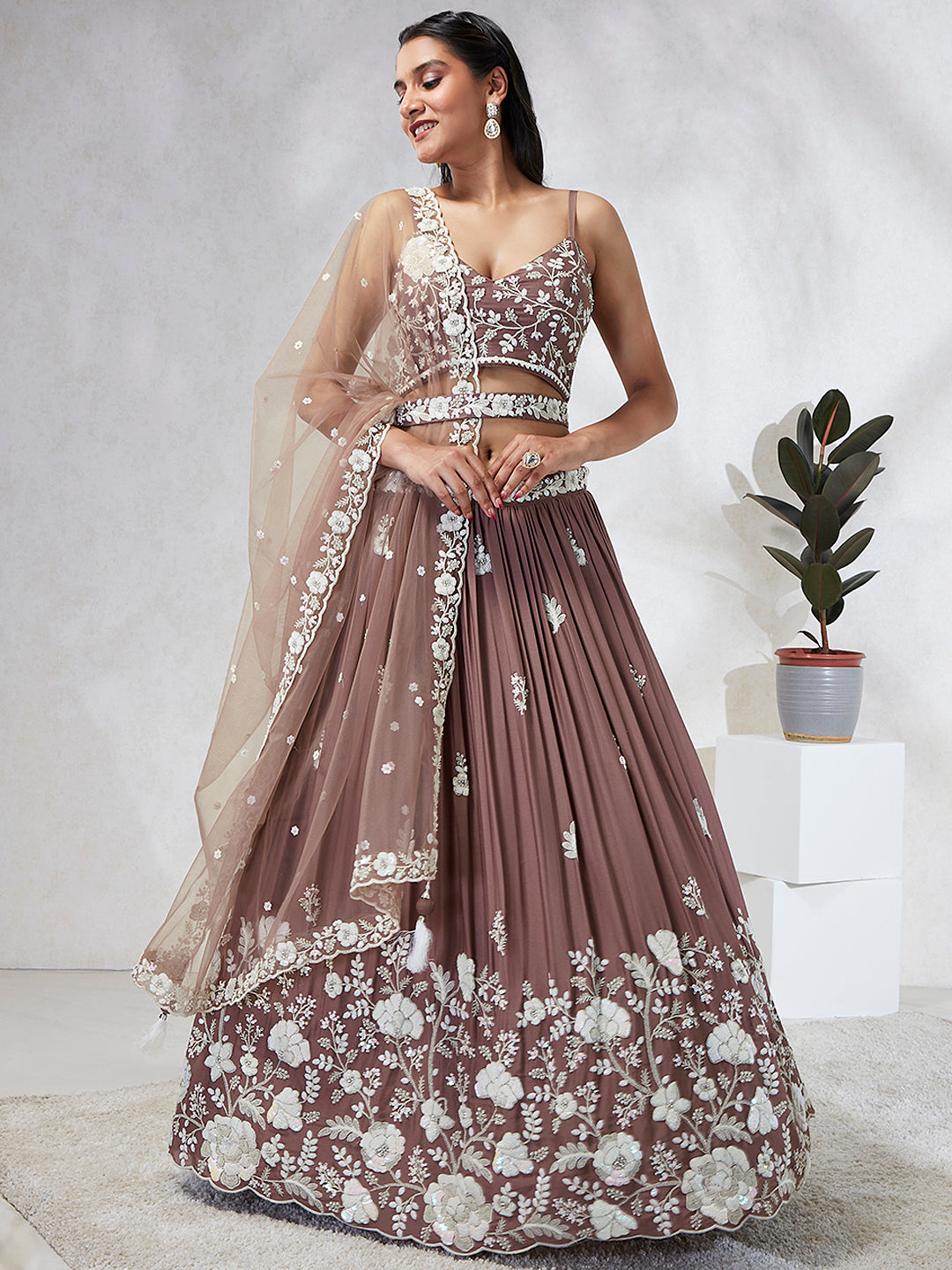 House of Panchhi Rose Gold Pure Georgette Sequins And Thread Embroidery Lehenga Choli & Dupatta | Swadesiicart