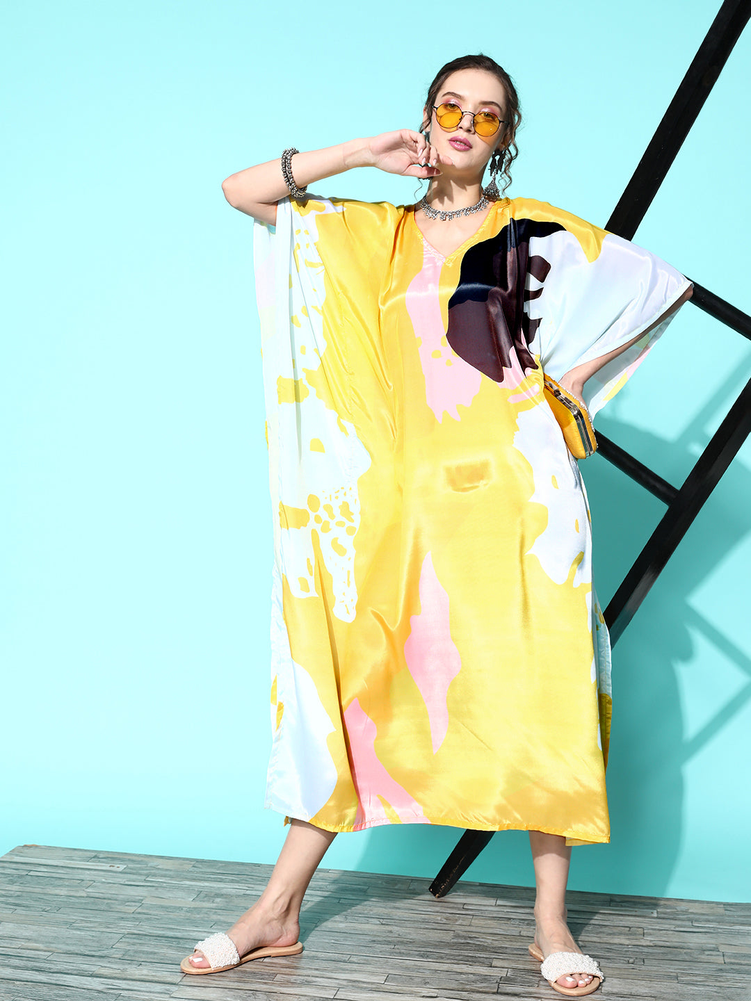 InWeave Women's Yellow Big Abstract Print Long Kaftan - Swadesiicart