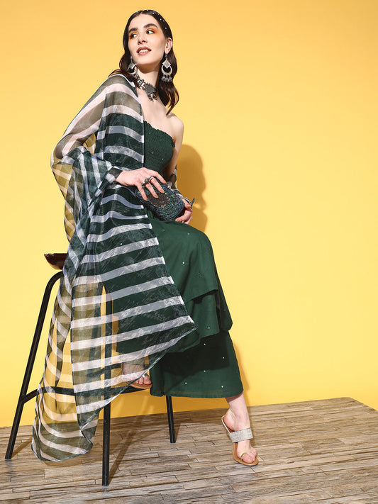 InWeave Women's Green Mirror Work Off Shoulder Kurta Set With Dupatta - Swadesiicart