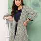 InWeave Women's Navy Top Bottom W Grey Bandhej Long Shrug Set - Swadesiicart