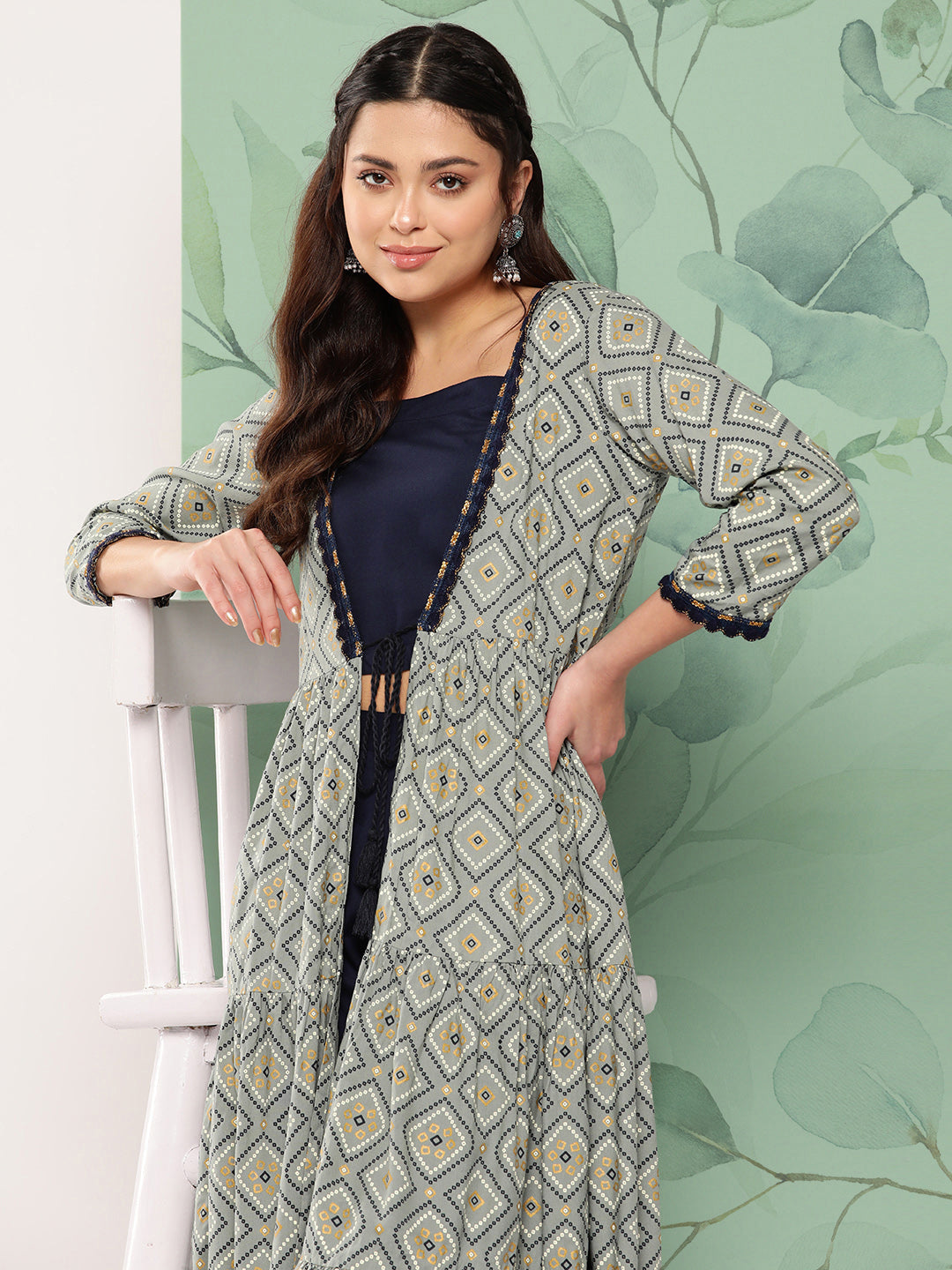 InWeave Women's Navy Top Bottom W Grey Bandhej Long Shrug Set - Swadesiicart