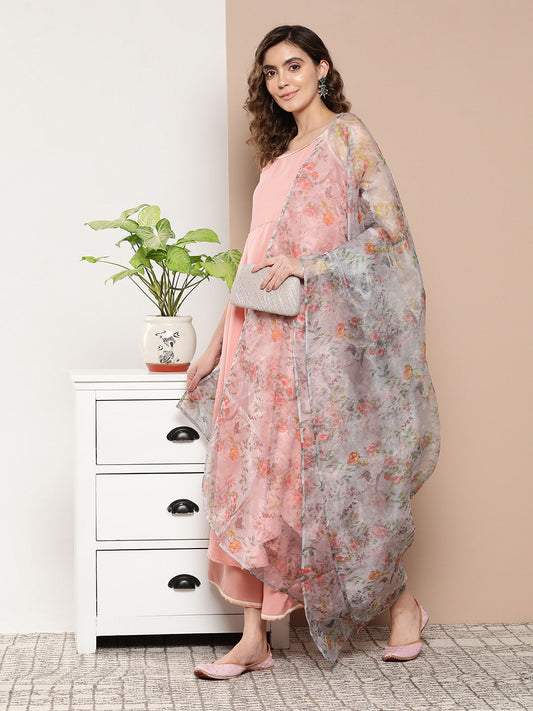 InWeave Women's Light Pink Cr Strappy Set With White Organza Dupatta - Swadesiicart