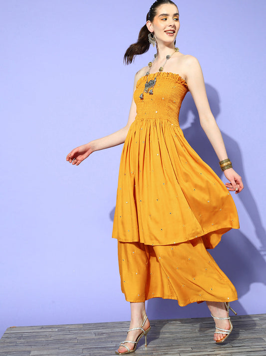 InWeave Women's Mustard Mirror Work Off Shoulder Kurta Set - Swadesiicart