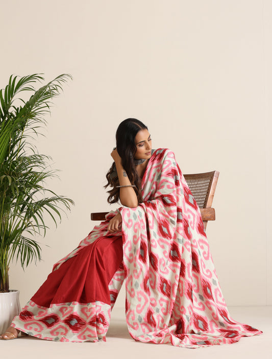 trueBrowns Maroon Grey Muslin Ikat Saree | Swadesiicart