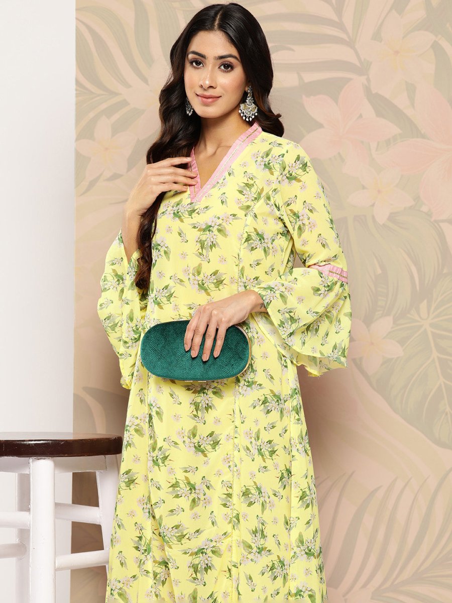 Ahalyaa Floral Printed Bell Sleeves Gotta Patti Georgette Kurta | Swadesiicart