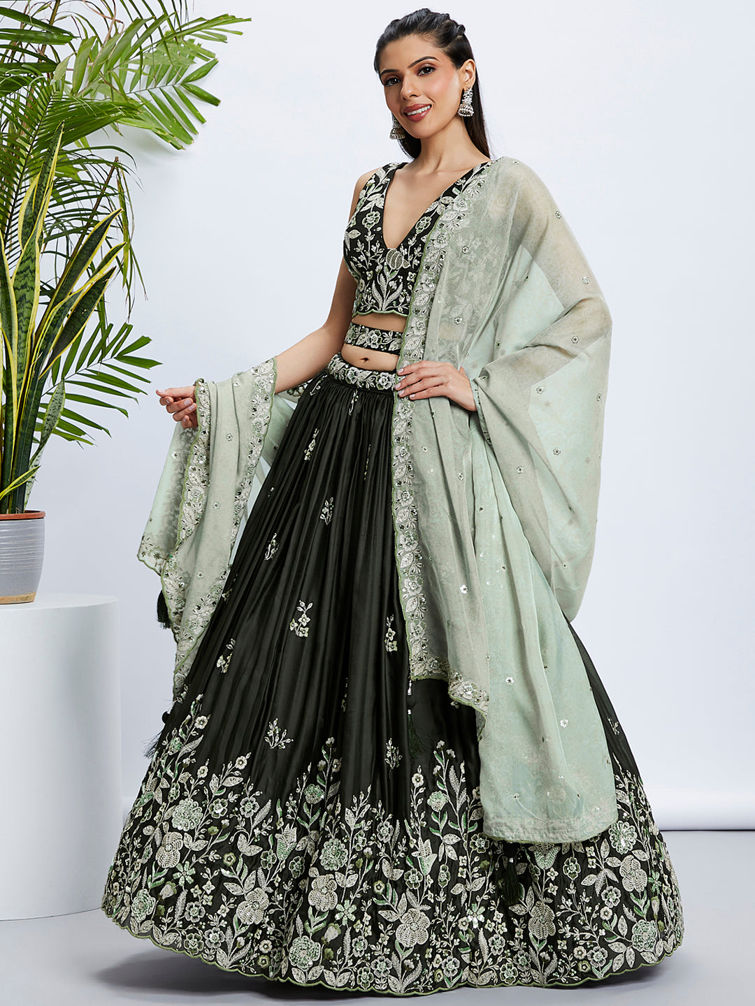 House of Panchhi Turquoise Blue Georgette Sequins And Thread Embroidery Lehenga Choli & Dupatta | Swadesiicart