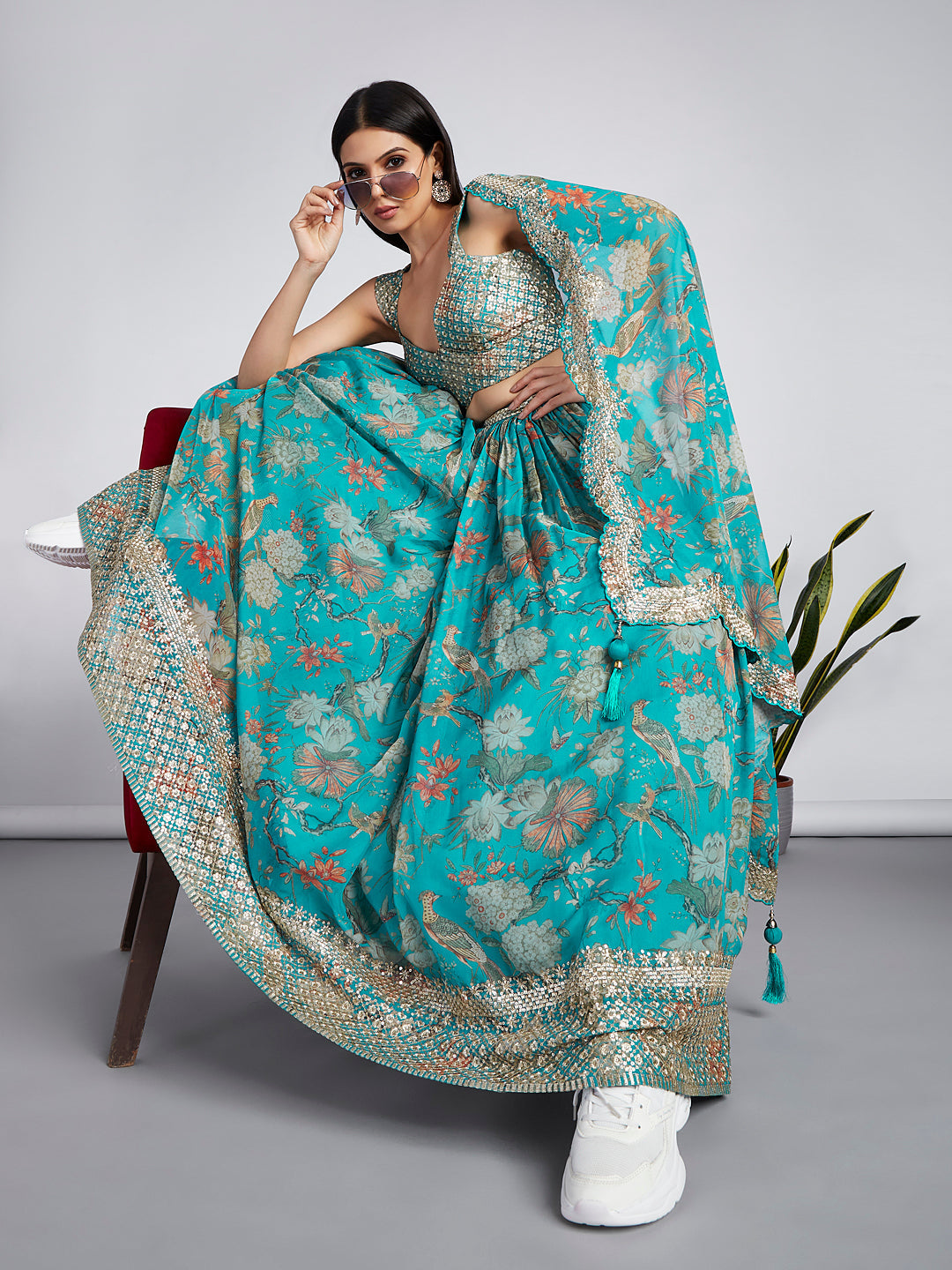 House of Panchhi Sea Green Colour Organza Floral Design Digital Print Lehenga Choli & Dupatta | Swadesiicart