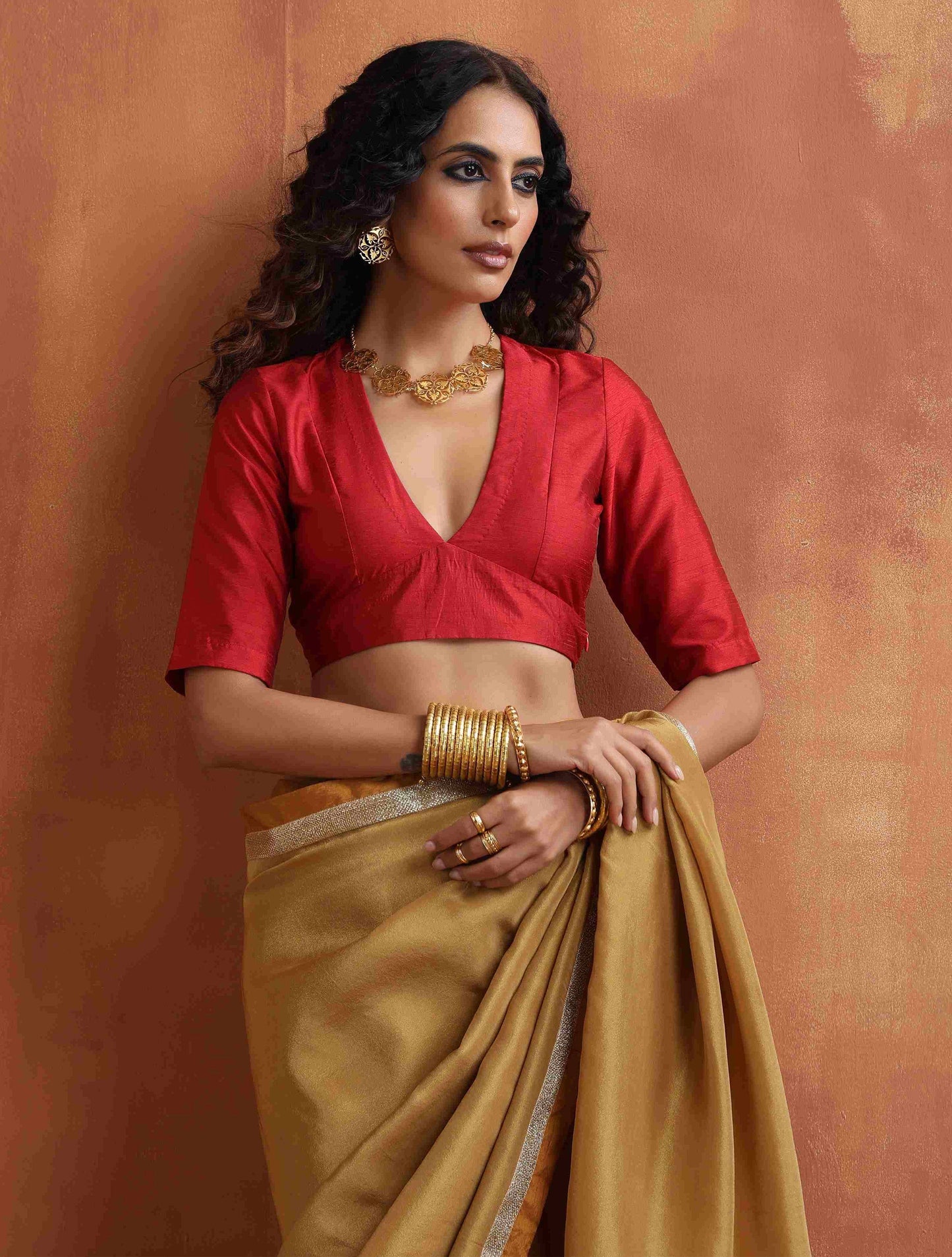 trueBrowns Red Silk V Neck Blouse | Swadesiicart