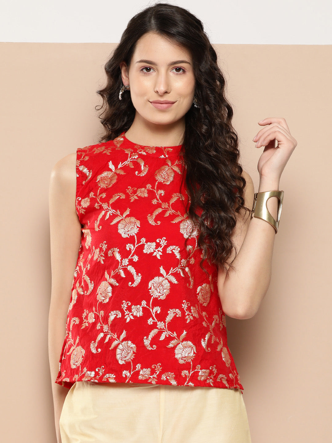 InWeave Women's Red Brocade Halter Top - Swadesiicart
