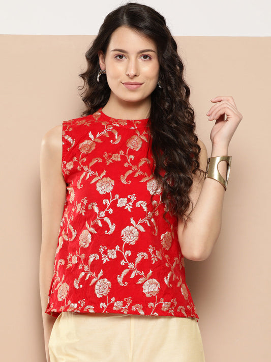 InWeave Women's Red Brocade Halter Top - Swadesiicart