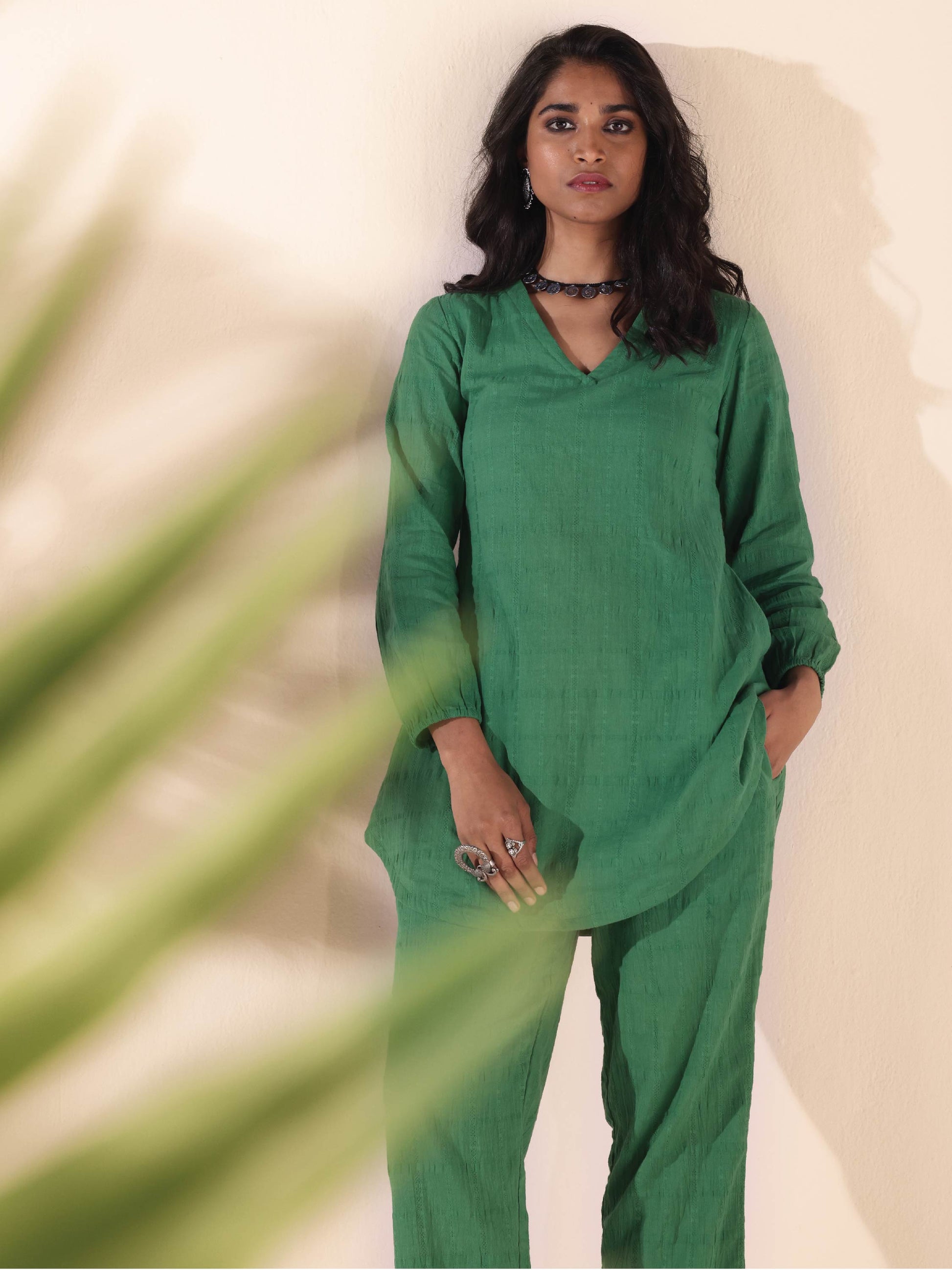 trueBrowns Green Cotton Dobby Relaxed Co-ord Set - Swadesiicart