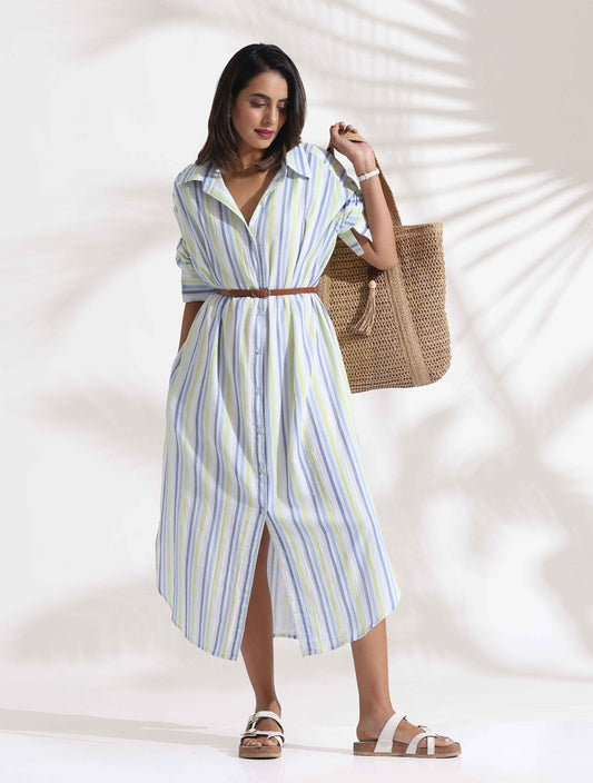 trueBrowns White Cotton Multi Stripe Shirt Dress | Swadesiicart