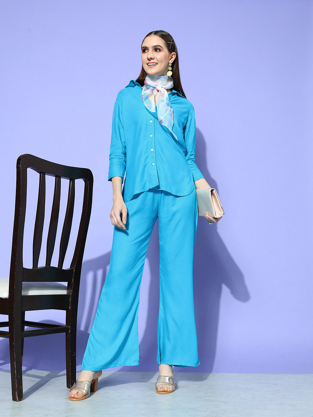 InWeave Women's Aqua Blue Coord Set With White Butterfly Scarf - Swadesiicart