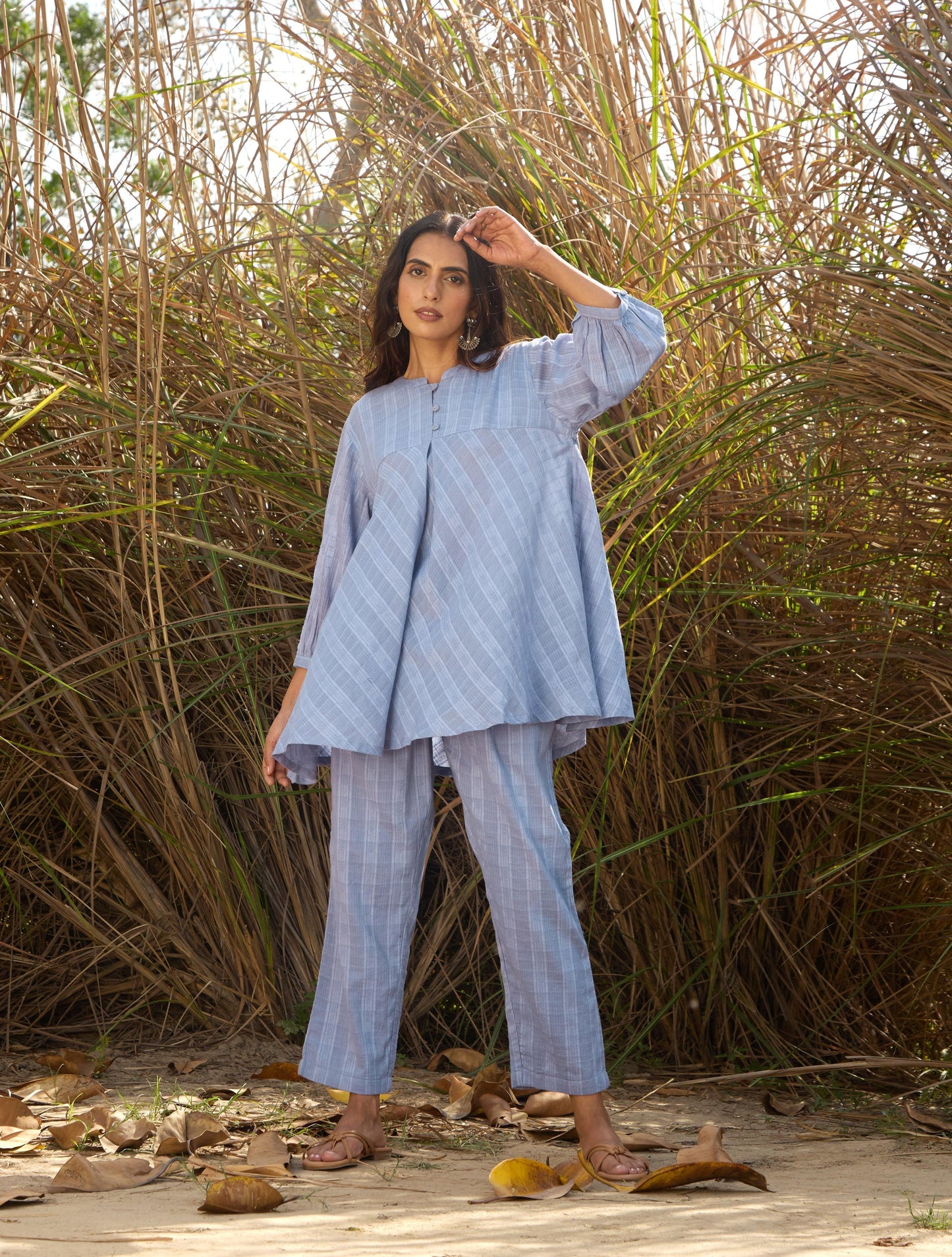trueBrowns Light Blue Cotton Dobby Flared Co-ord Set - Swadesiicart