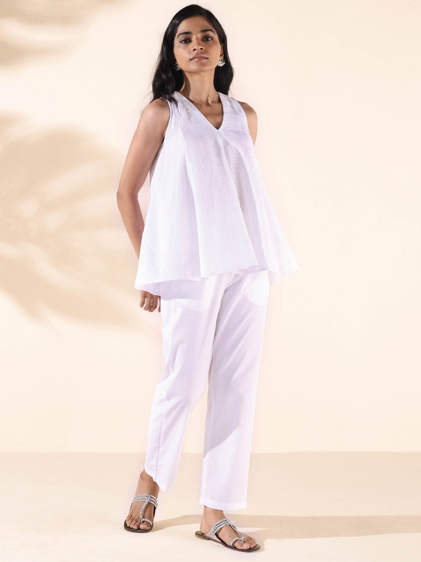 trueBrowns White Cotton Dobby Flared Co-ord Set - Swadesiicart