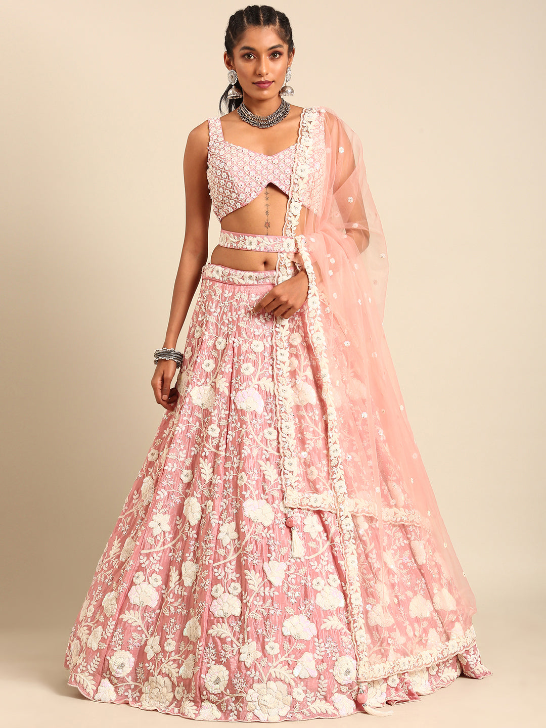 House of Panchhi Rose Gold Chinon Sequins And Zarkan Embroidery Lehenga Choli & Dupatta | Swadesiicart