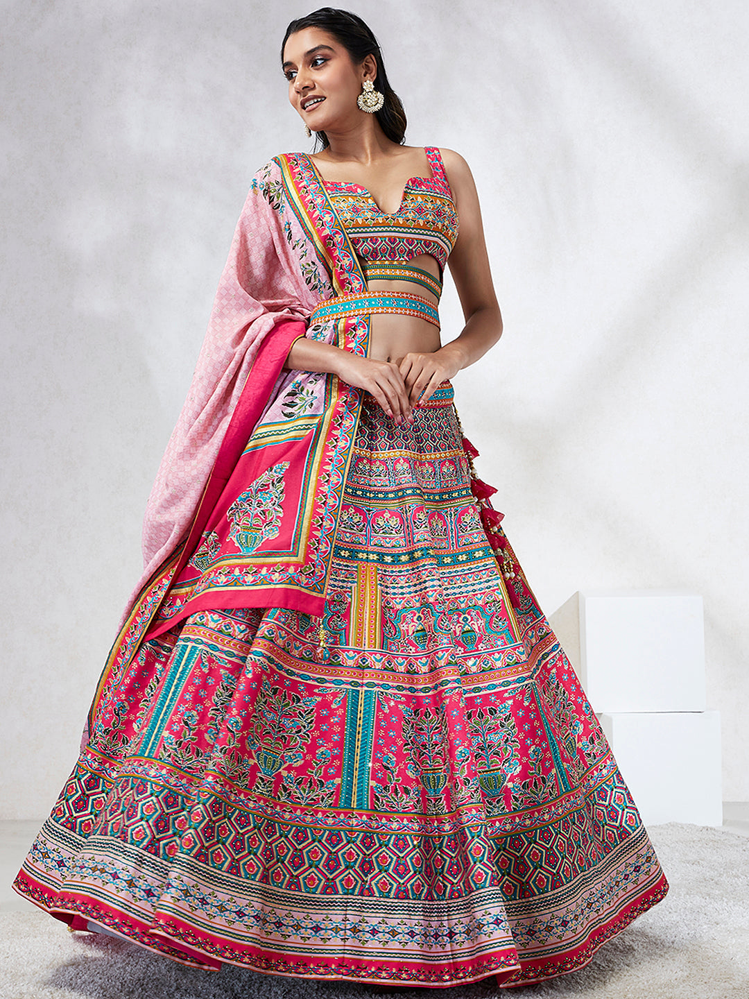 House of Panchhi Pink Pure Georgette Position Printing With Siroski Stone Work Lehenga Choli & Dupatta | Swadesiicart