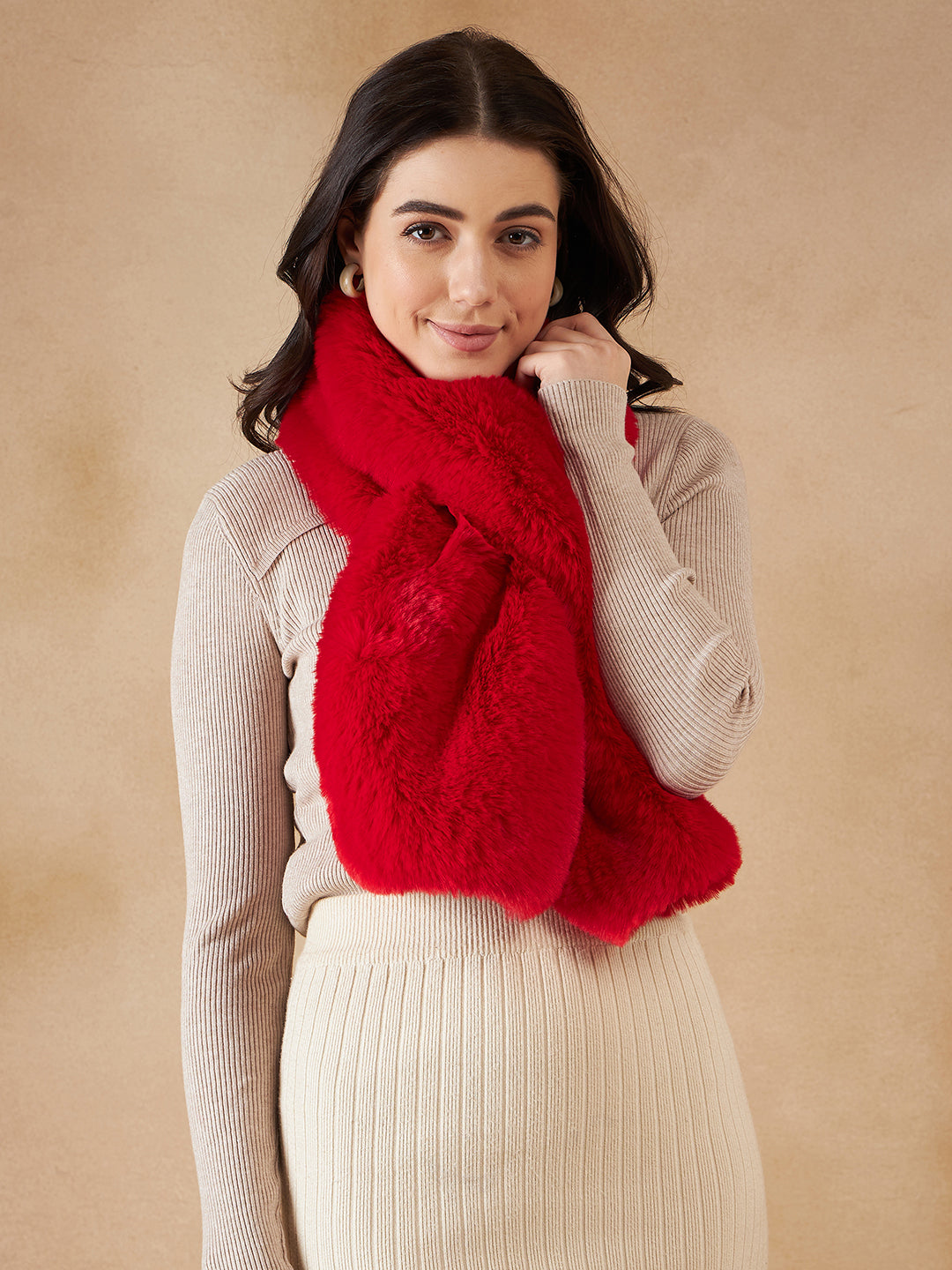 InWeave Women's Cherry Red Faux Fur Neck Warmer - Swadesiicart
