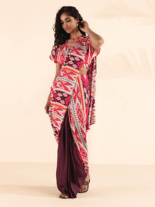 trueBrowns Maroon Muslin Ikat Ready to Wear Saree | Swadesiicart