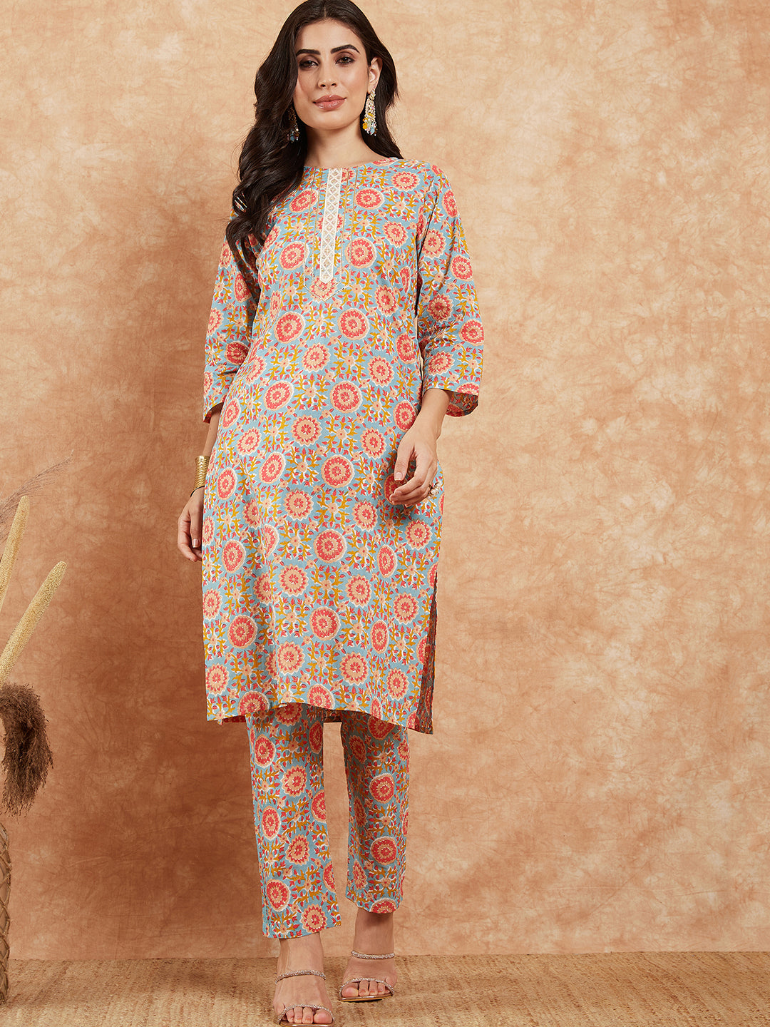 InWeave Women's Light Blue Floral Jaal Gota Work Straight Kurta Pant Set - Swadesiicart