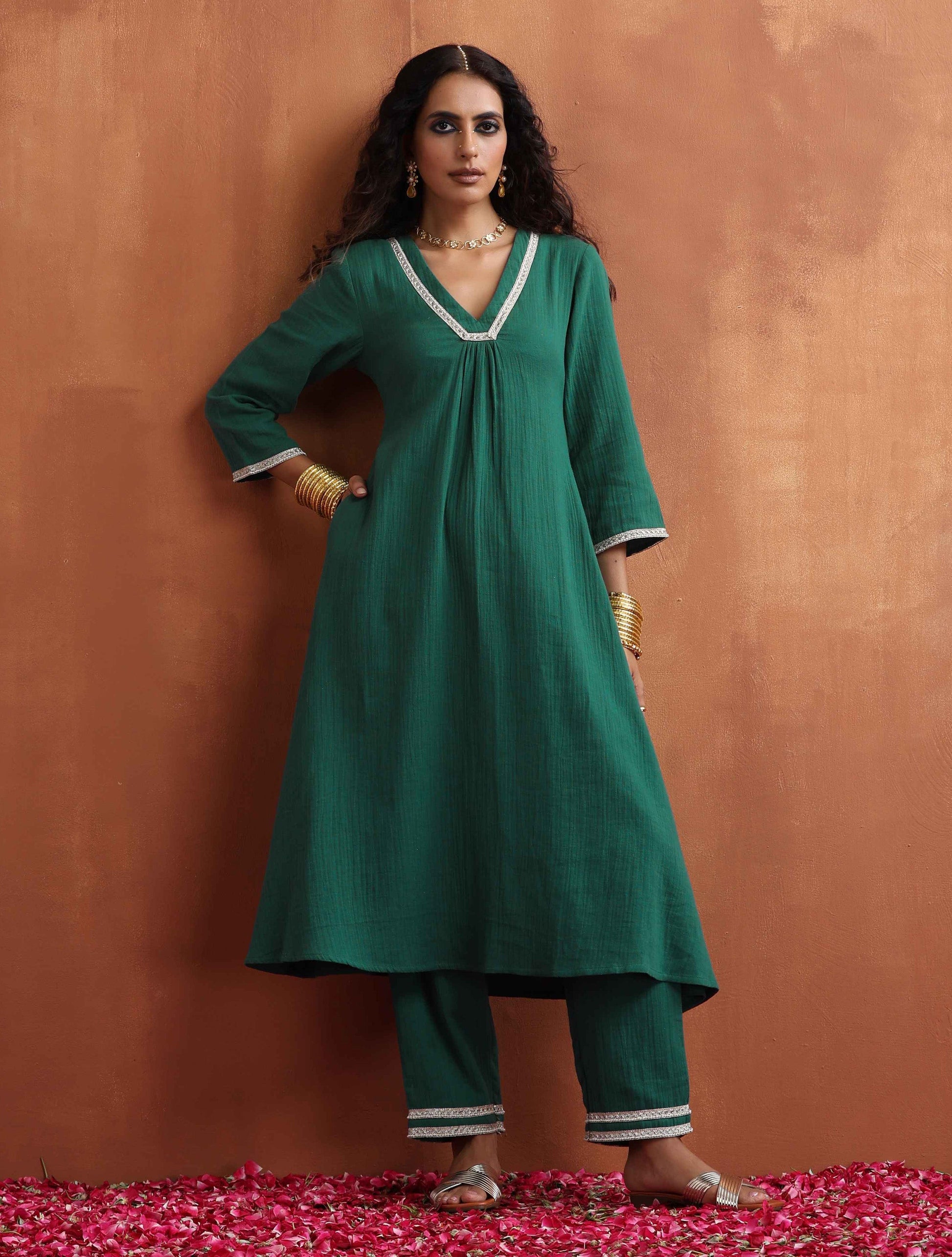 trueBrowns Green Cotton A-line Kurta Set | Swadesiicart