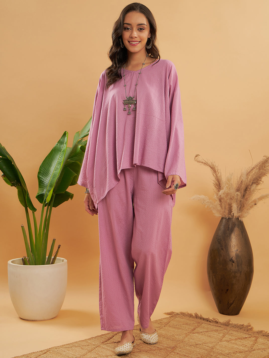 InWeave Women's Mauve Kantha Boho Full Sleeve Coord Set - Swadesiicart