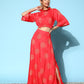 InWeave Women's Red Gold Printed Crop Top With Side Slit Skirt - Swadesiicart