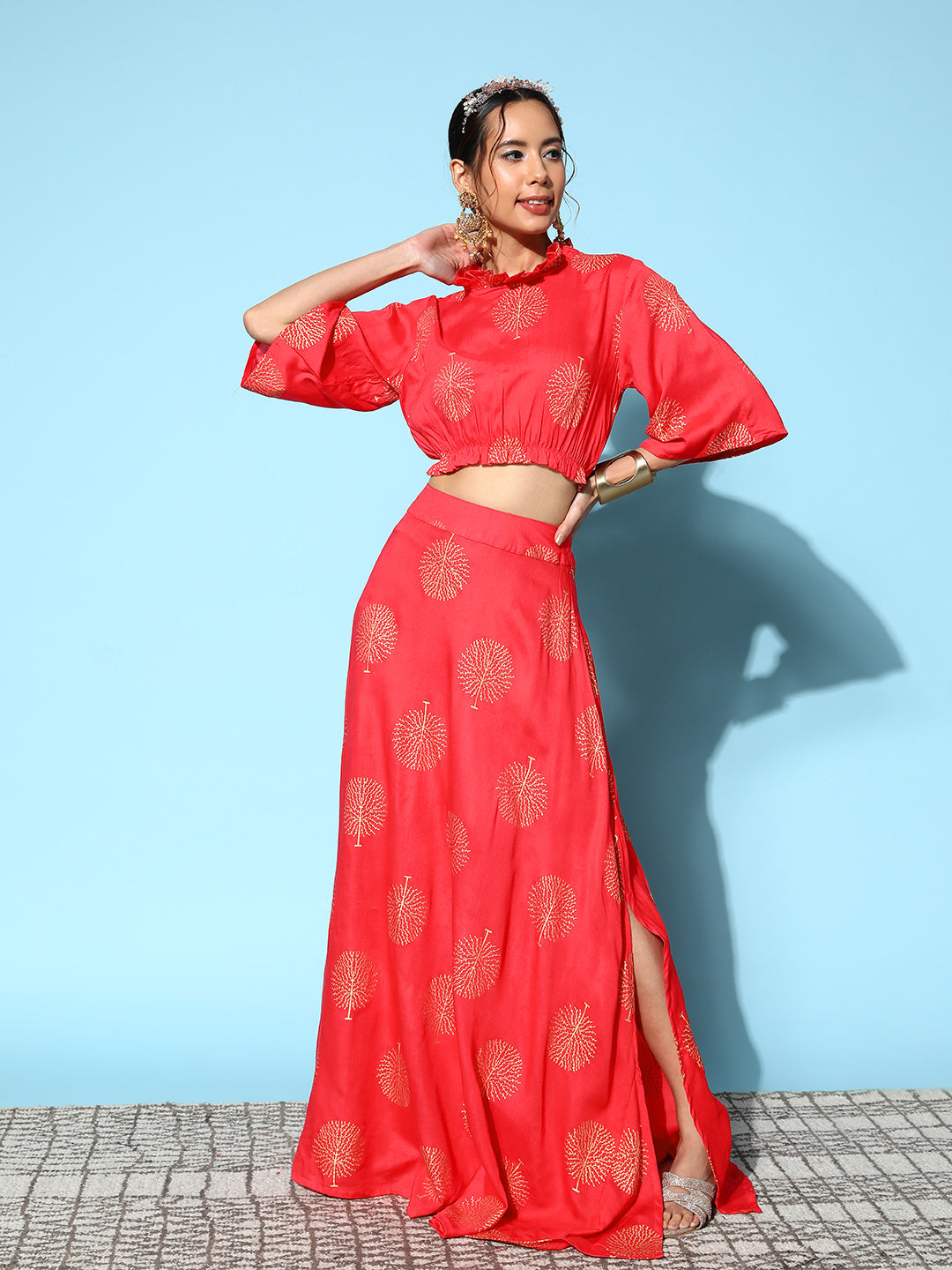 InWeave Women's Red Gold Printed Crop Top With Side Slit Skirt - Swadesiicart