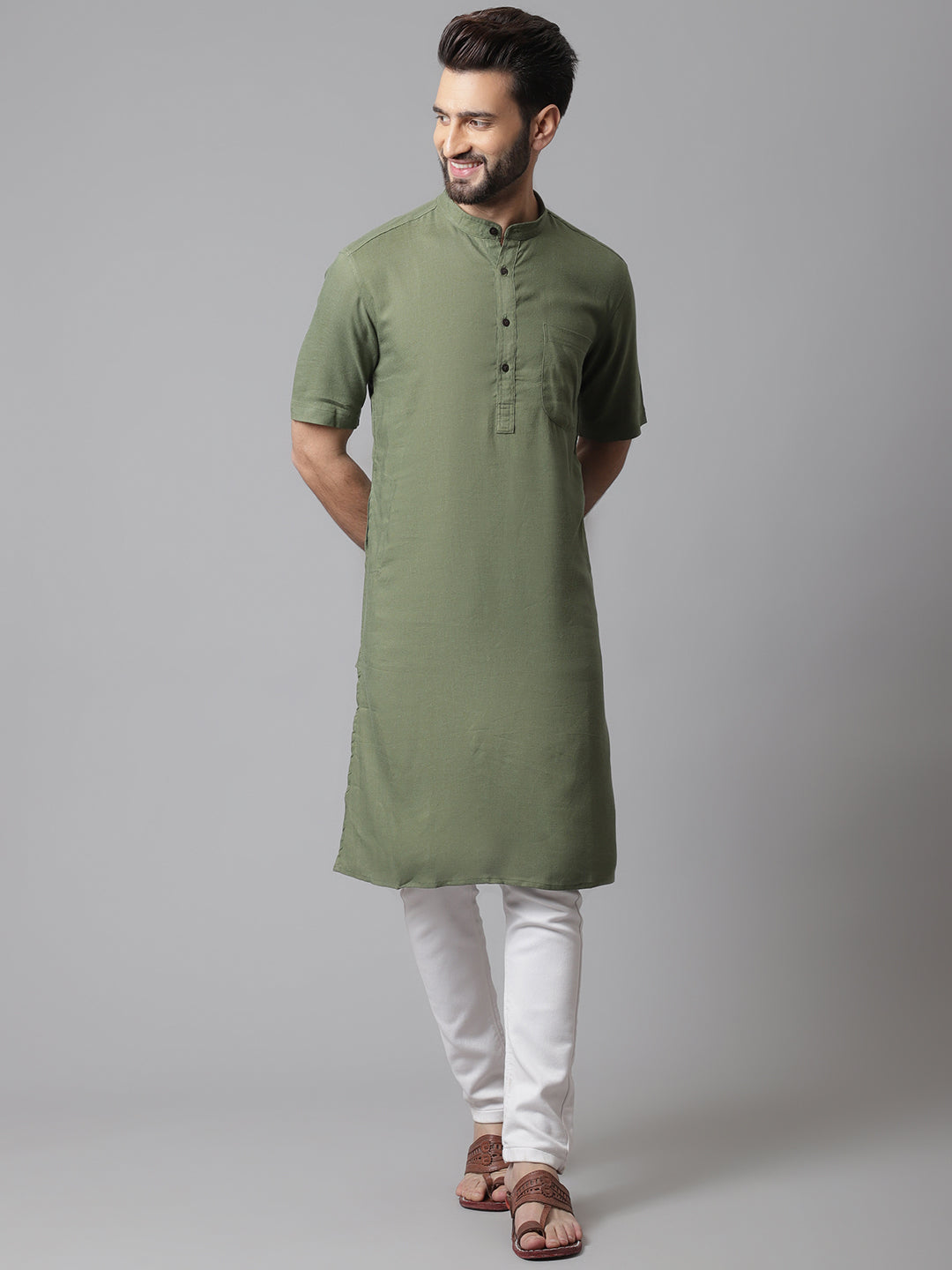 Even Apparels Green Pure Cotton Kurta With Band Collar | Swadesiicart