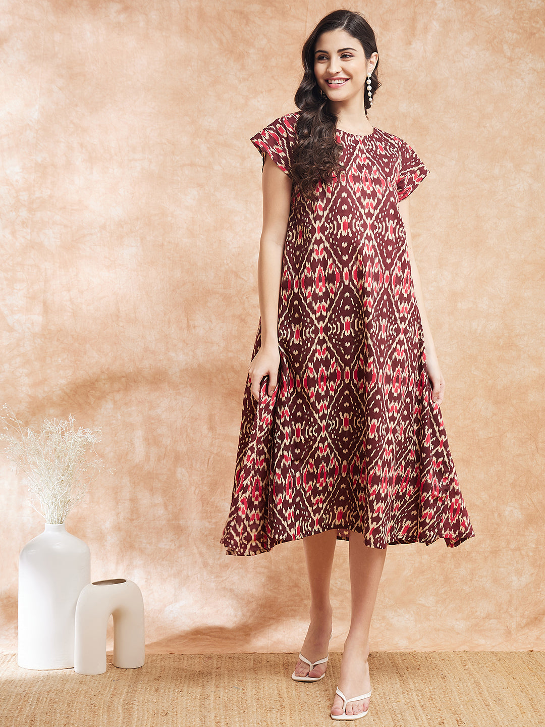 InWeave Women's Wine Ikkat Print A Line Dress - Swadesiicart