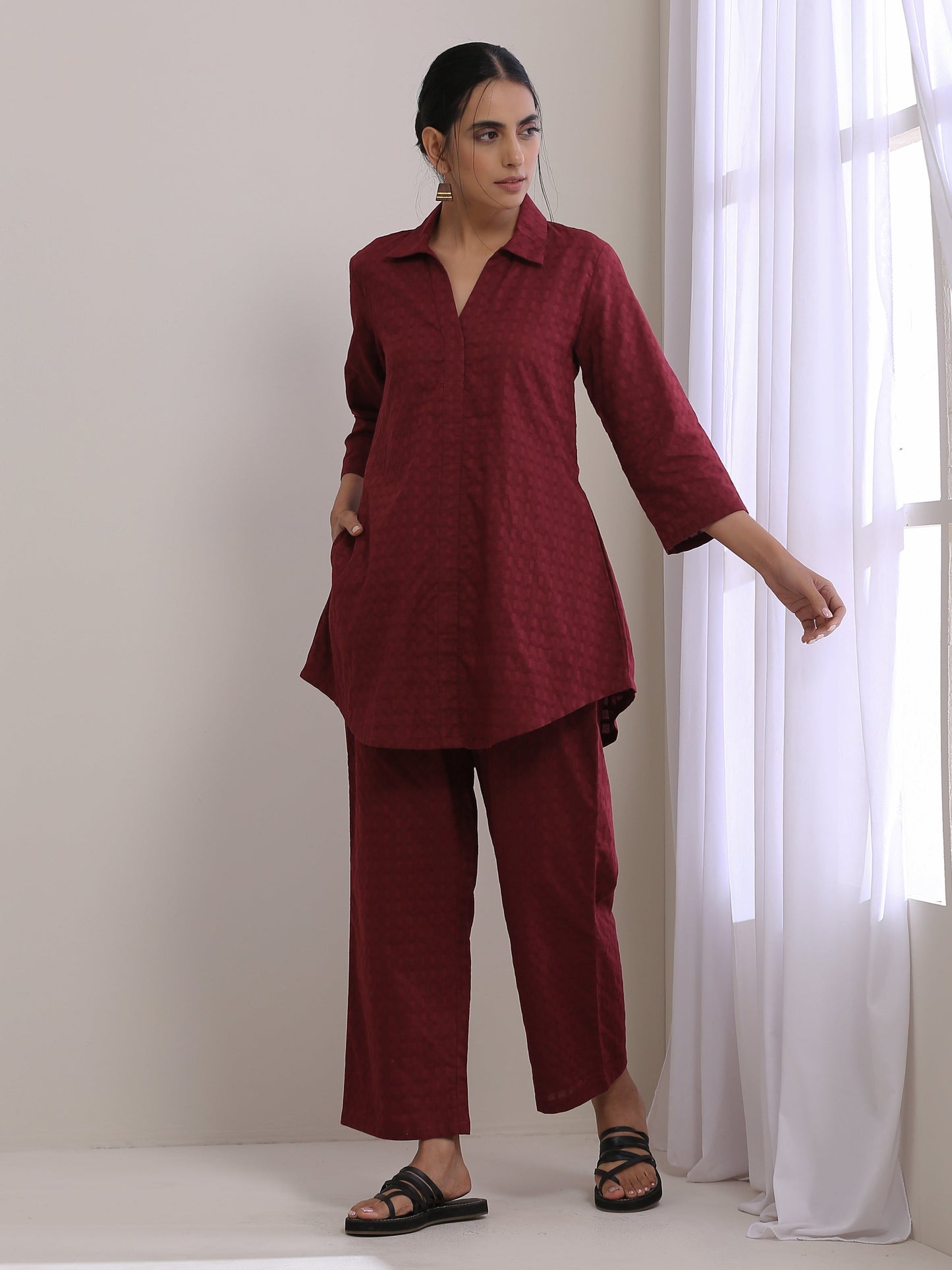 trueBrowns Ruby Wine Dobby Collar Short Co-Ord Set - Swadesiicart