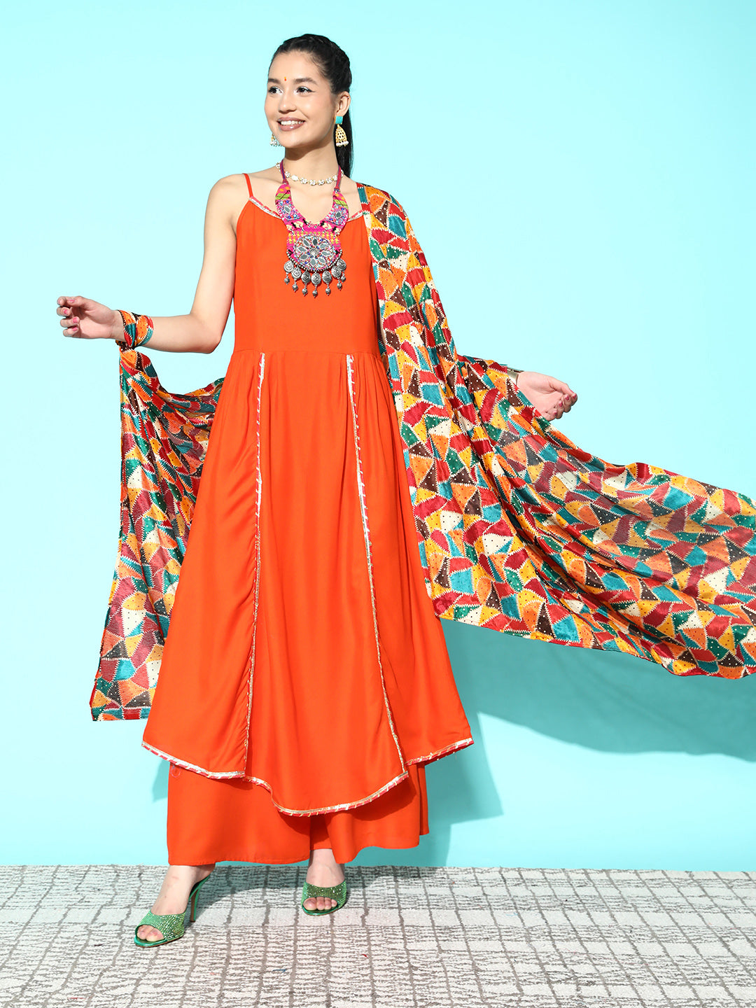 InWeave Women's Orange Red Gota Strappy Set With Multi Foil Muslin Dupatta - Swadesiicart